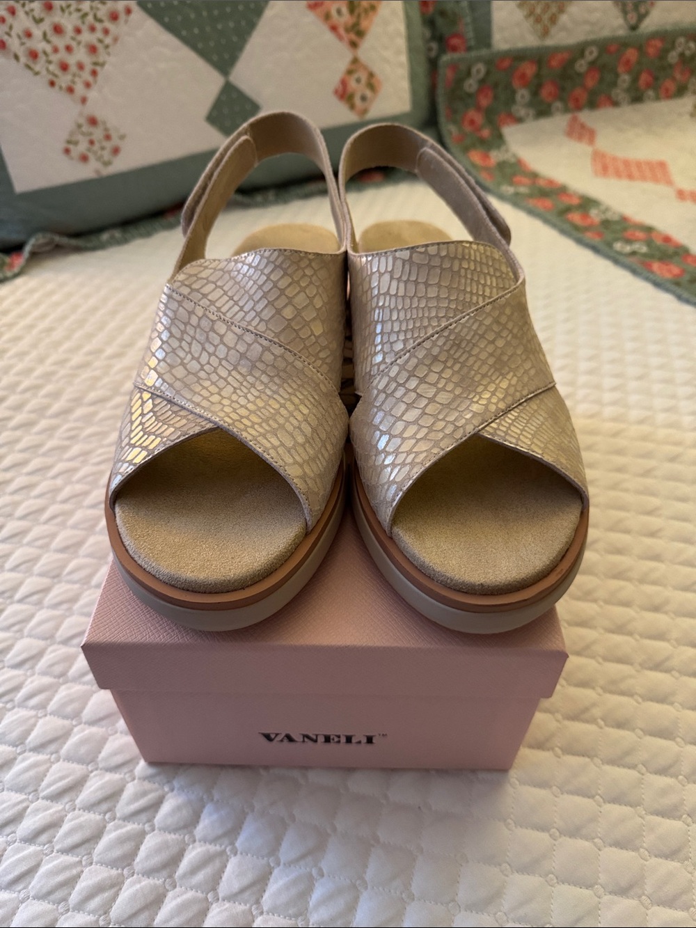 Vaneli Metallic Snake-Embossed Beige Slingback Wedge Sandals
